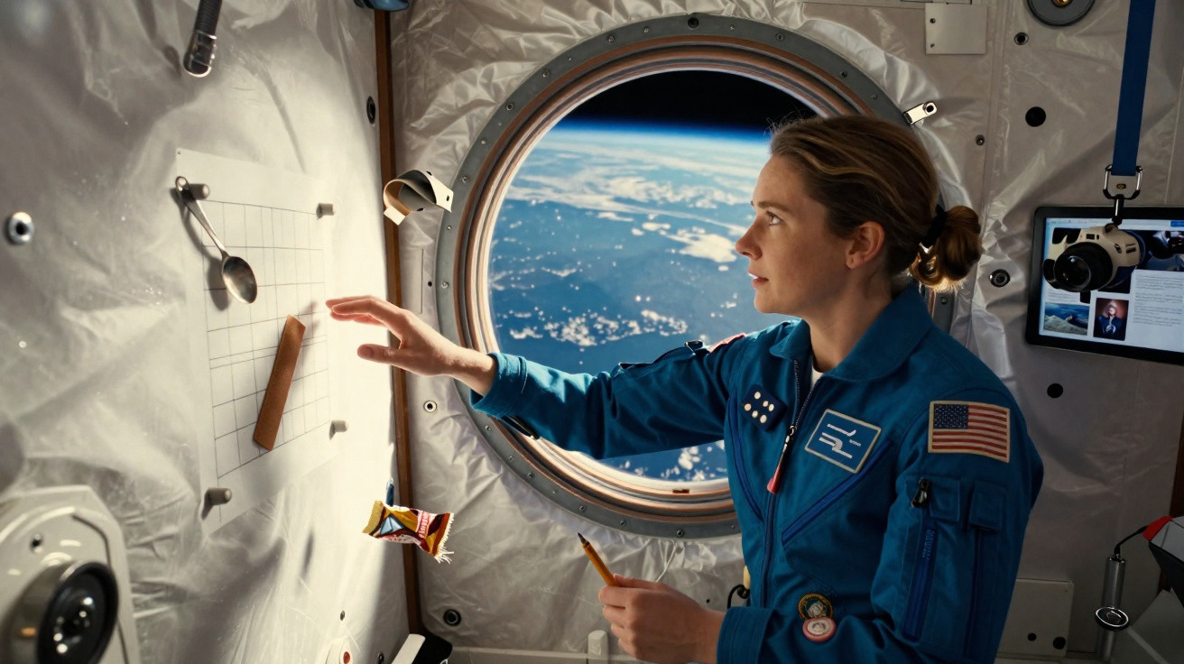 Astronauta dentro de uma estação espacial, olhando pela janela para a Terra enquanto segura um lápis.