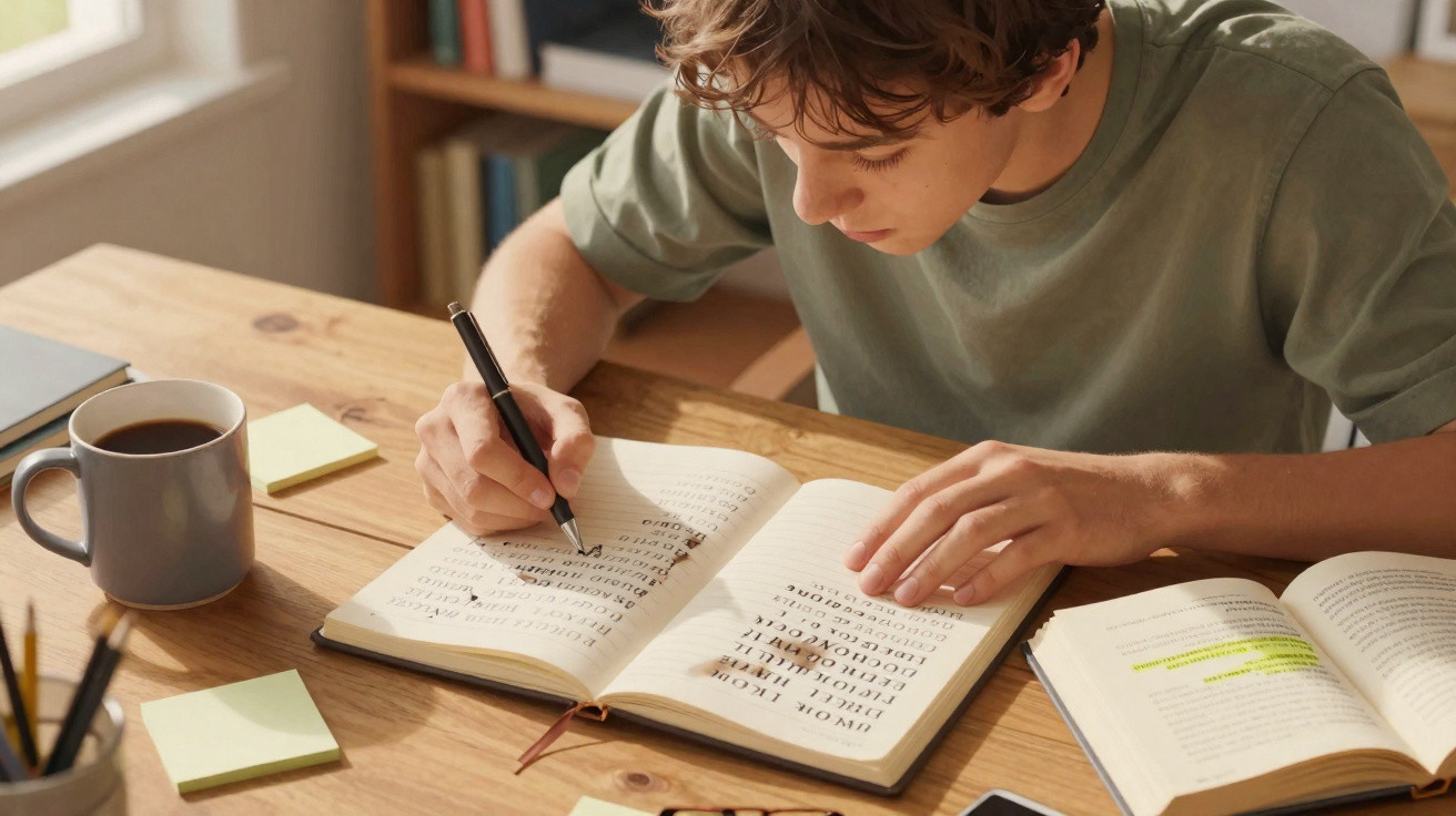 Jovem a estudar e a fazer apontamentos num caderno, com livros e chávena de café numa secretária iluminada.
