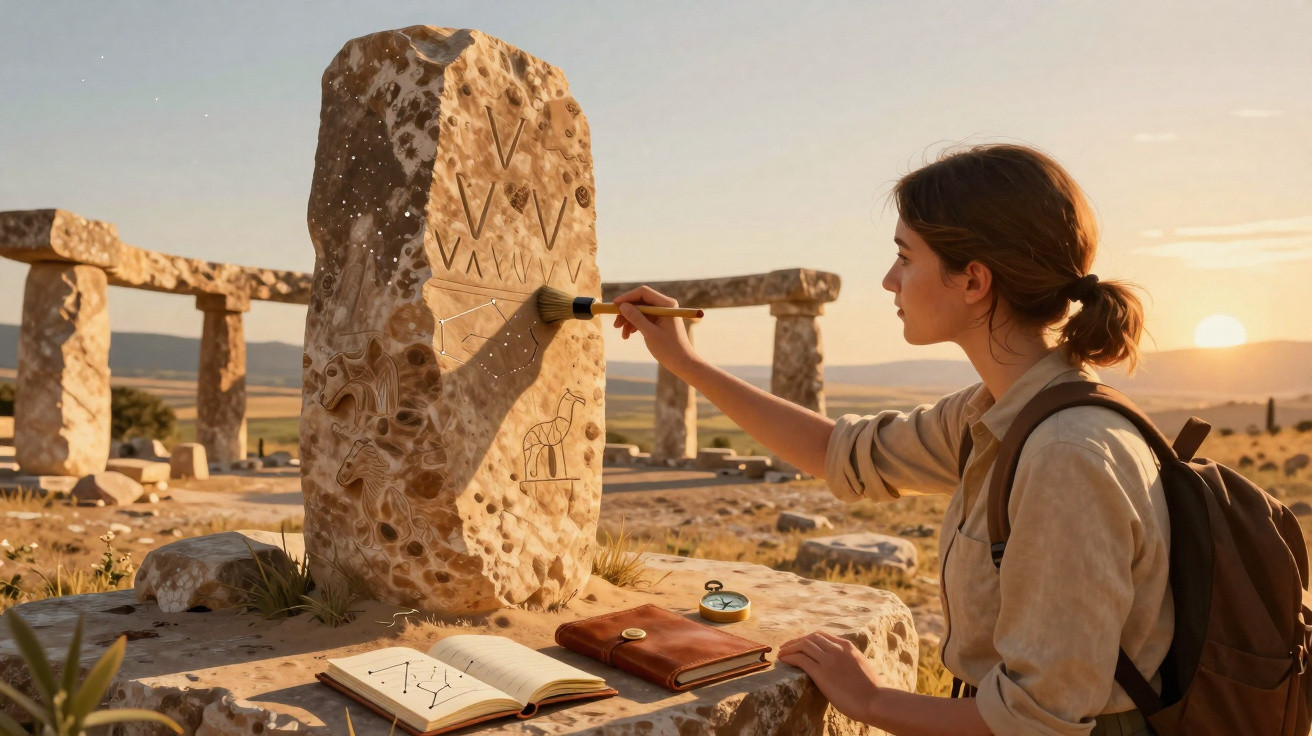 Jovem exploradora a analisar e desenhar símbolos rupestres numa pedra antiga ao pôr do sol.
