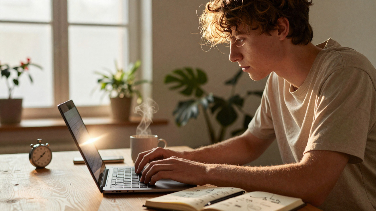 Jovem a trabalhar num computador portátil numa mesa com caderno aberto, chá quente e relógio perto da janela.