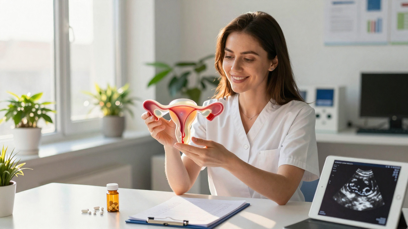 Mulher médica sorridente segura modelo do útero em consultório com ecografia e medicamentos na mesa.