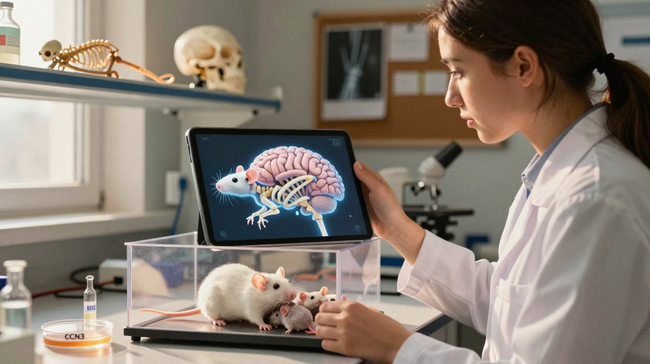 Cientista observa rato em caixa transparente com imagem digital do cérebro do rato num tablet.